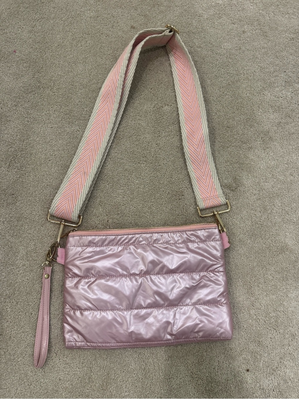 Light Pink Quilted Crossbody Bag with Wide Chevron Strap